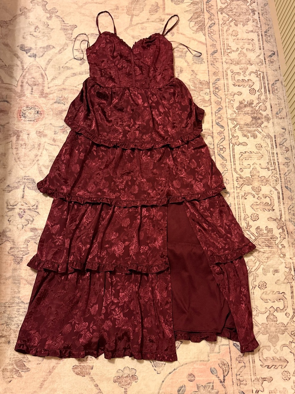 Crystal Doll Burgundy Floral Tiered High-Low Dress